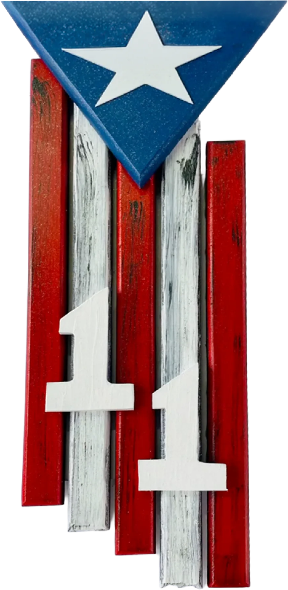 Decoración de madera con la bandera de Puerto Rico y el número 11