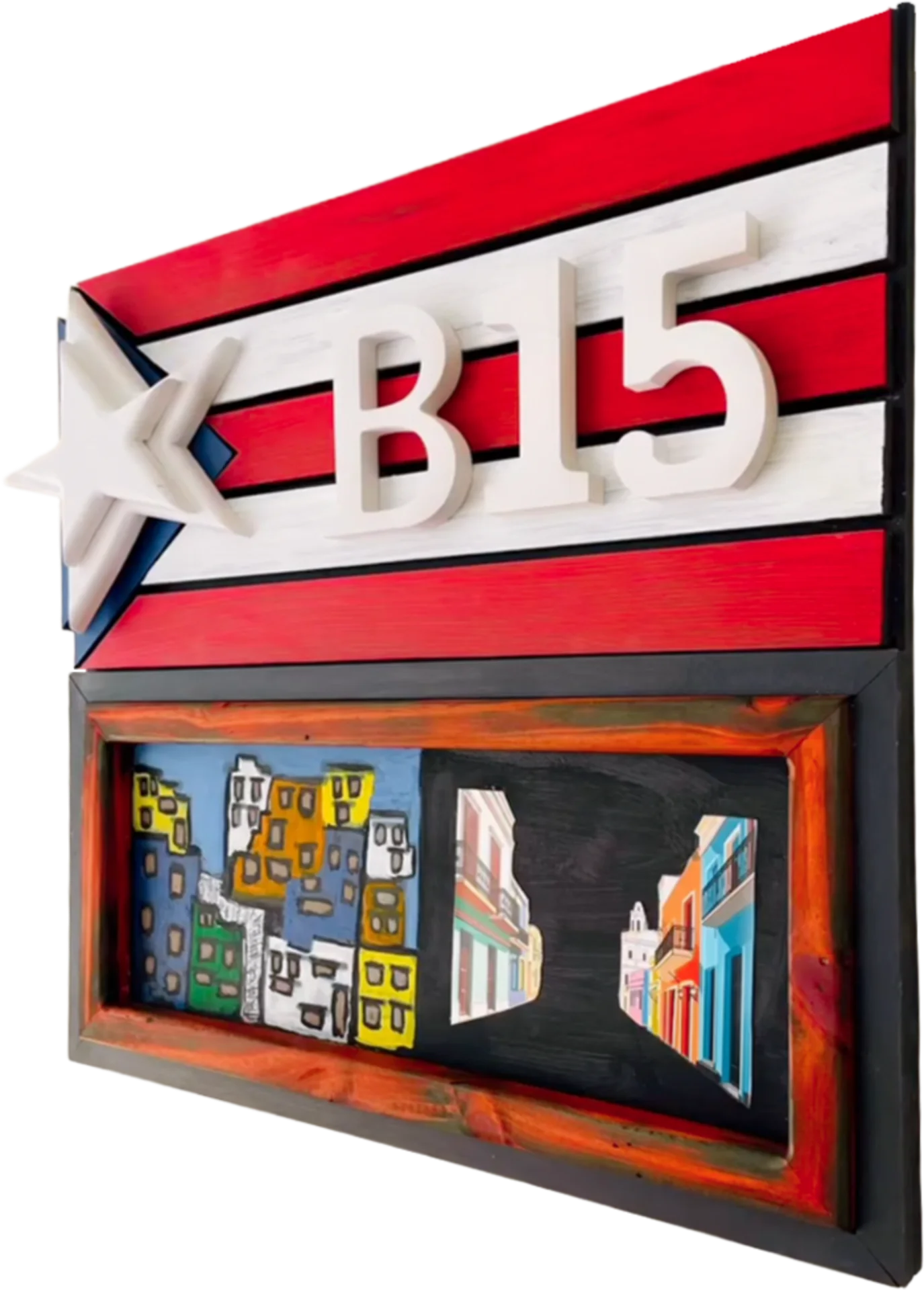 Decoración de madera con la bandera de Puerto Rico y el texto B15