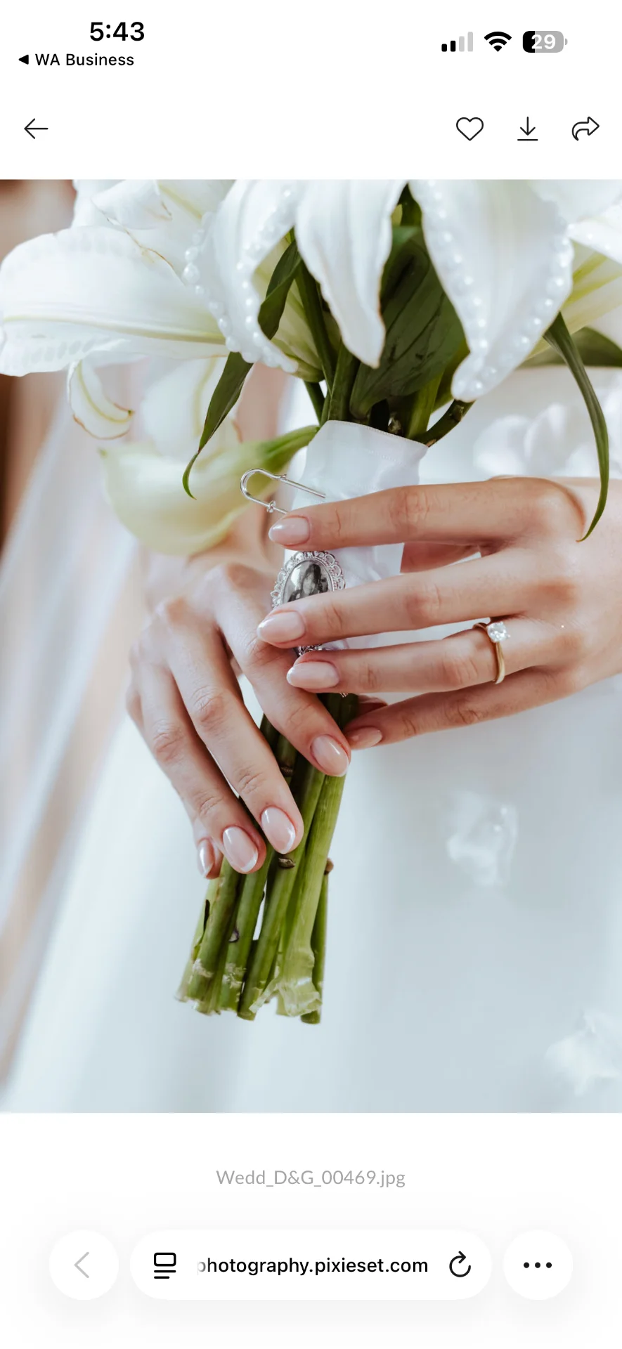 Manos de la novia sosteniendo un ramo de flores blancas