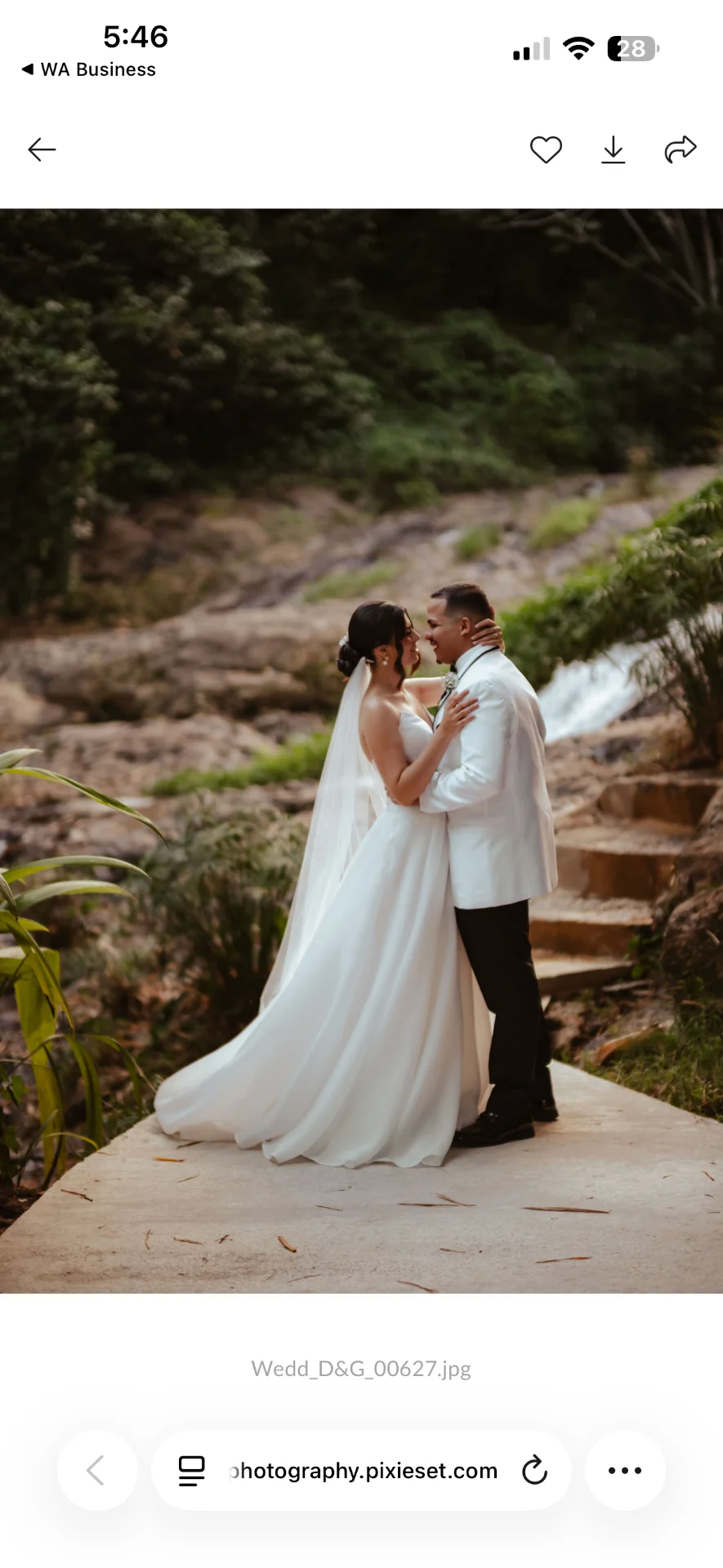 Pareja posando al aire libre con el vestido de novia extendido