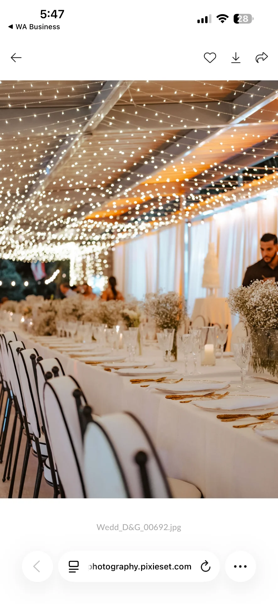 Salón de recepción con mesas largas y techo cubierto de luces