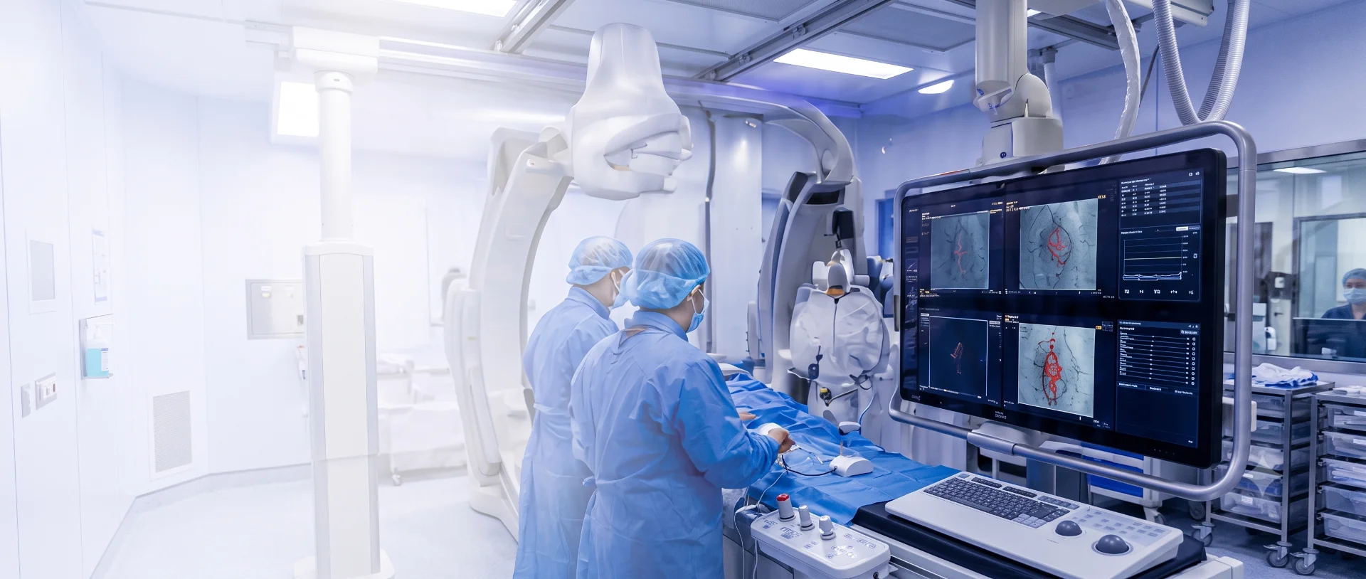 Equipo cardiovascular en una sala de procedimientos de alta tecnología