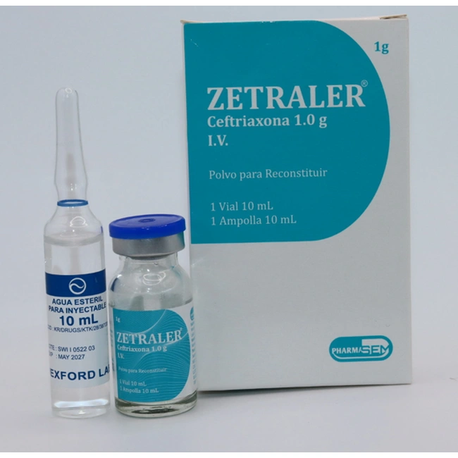 Presentación de Zetraler ceftriaxona 1 g intravenosa