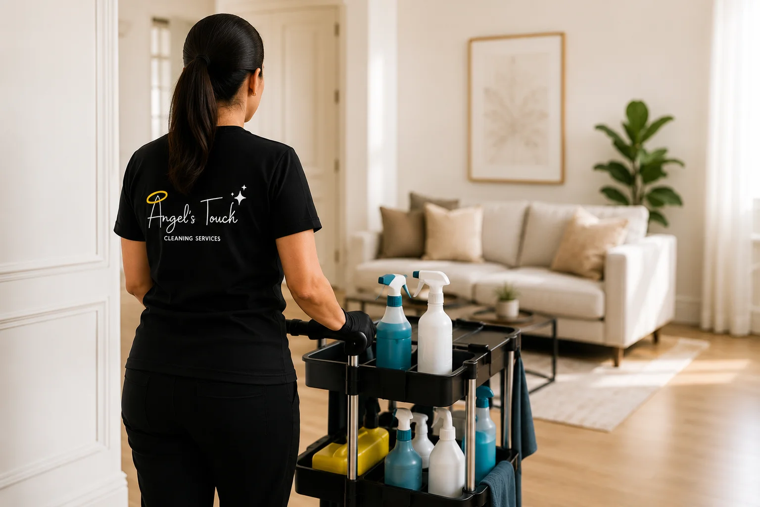 Angel's Touch Cleaning Services — profesional de limpieza en salón residencial