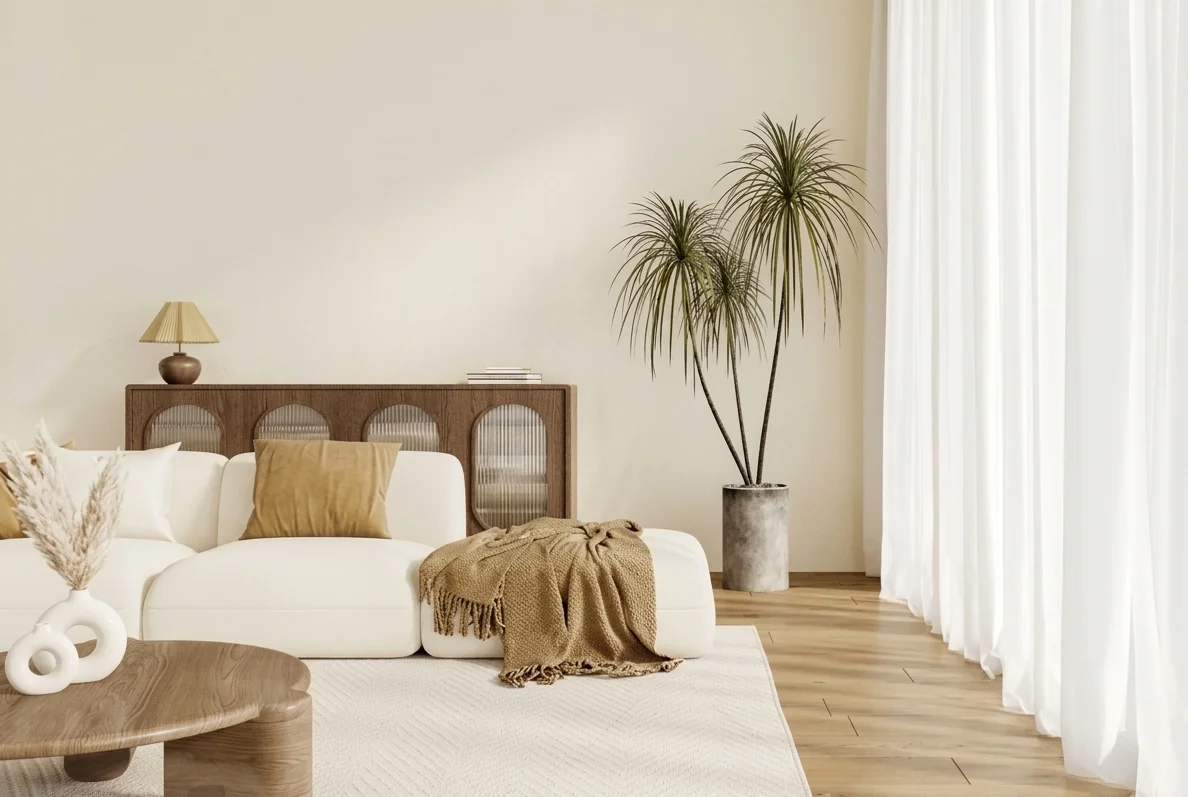 A minimalist living room with soft white sofas and large curtains, creating a cozy atmosphere.